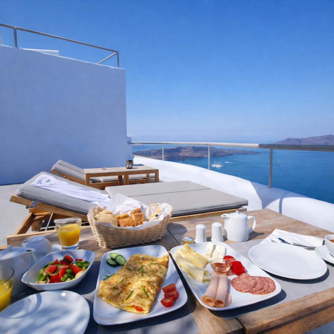 Breakfast terrace with caldera sea view in Santorini
